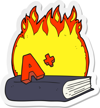 Bir çizgi film çıkartması. Bir insan tarafından çizilmiş bir not sembolü ve kitap.