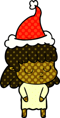 Bir insan tarafından çizilmiş Noel Baba şapkası giyen umursamaz bir kadının el çizimi çizgi roman çizimi.