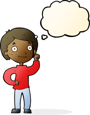 Bir insan tarafından çizilmiş düşünce baloncuğu fikri olan çizgi film çocuğu.