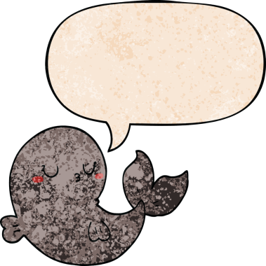 Konuşma baloncuğu olan sevimli bir çizgi film balinası insan tarafından çizilmiş.