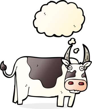 Bir insan tarafından çizilmiş düşünce baloncuklu çizgi film boğası.