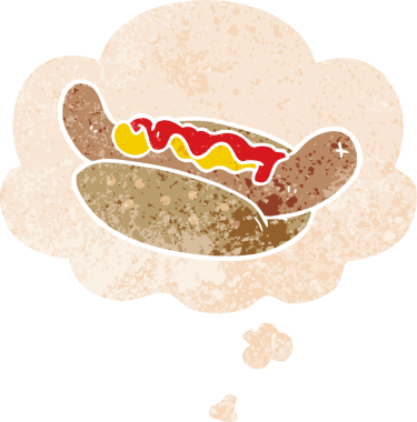 Düşünce baloncuklu çizgi film sosislisi grunge dertli retro desenli bir insan tarafından çizilmiş