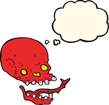 Bir insan tarafından çizilmiş düşünce baloncuklu garip kafatası.