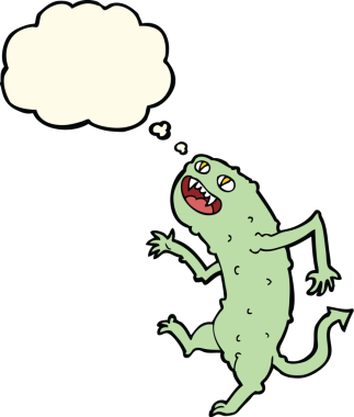 Bir insan tarafından çizilmiş düşünce baloncuklu çizgi film canavarı.