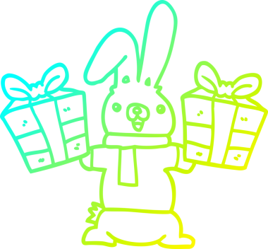 Bir insan tarafından çizilmiş noel hediyeli çizgi film tavşanı çizimi.