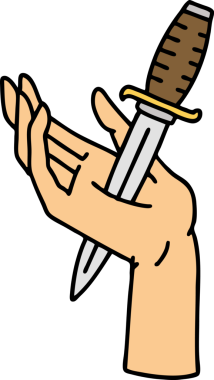 Geleneksel bir şekilde bir insanın eline çizdiği hançer dövmesi.