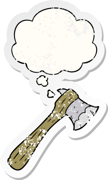 Düşünce baloncuğu olan çizgi film baltası bir insan tarafından çizilmiş yıpranmış bir çıkartma.