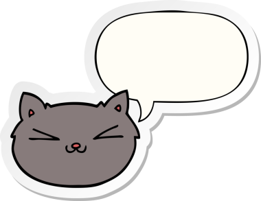 Bir insan tarafından çizilmiş baloncuk çıkartmalı mutlu çizgi film kedisi.