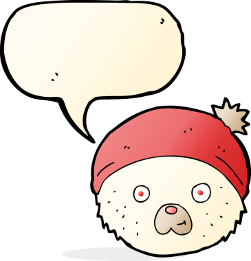 Bir insan tarafından çizilmiş konuşma balonlu oyuncak ayı yüzlü çizgi film.