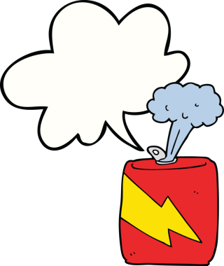 Bir insan tarafından çizilmiş konuşma balonlu soda kutusu.