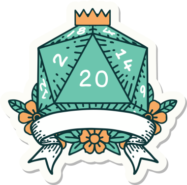 Bir insan tarafından çizilmiş 20 kritik vuruşluk D20 zar etiketi.