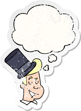 Düşünce baloncuklu silindir şapkalı karikatür adamı bir insan tarafından çizilmiş yıpranmış bir çıkartma gibi.