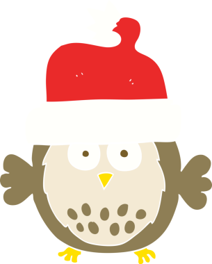 Bir insan tarafından çizilmiş Noel şapkası takan baykuşun düz renk çizimi