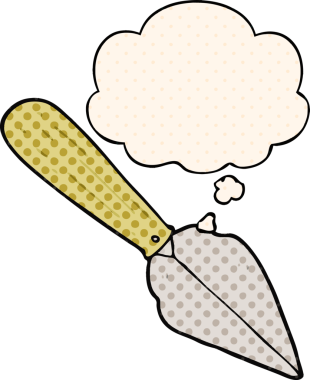 Çizgi roman tarzında bir insan tarafından çizilmiş düşünce balonlu bahçe malası.