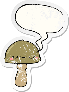 Konuşma baloncuğu olan çizgi film mantarı bir insan tarafından çizilmiş sıkıntılı eski bir çıkartma