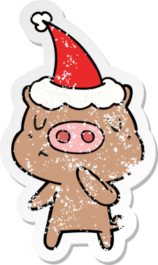 Bir insan tarafından çizilmiş Noel Baba şapkası giymiş içerik bir domuzun el çizimi çıkartması.