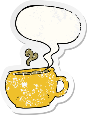 Konuşma balonlu çizgi film kahve fincanı bir insan tarafından çizilmiş sıkıntılı eski bir çıkartma