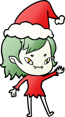 Bir insan tarafından çizilmiş Noel Baba şapkası giymiş arkadaş canlısı bir vampir kızın el çizimi karikatürü.