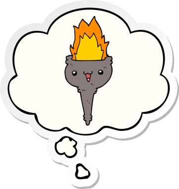 Düşünce baloncuğu ile yanan çizgi film kadehi bir insan tarafından çizilmiş çıkartma gibi.