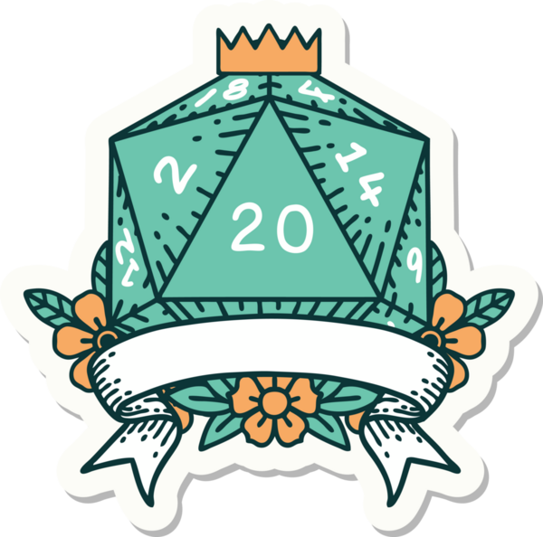 Bir insan tarafından çizilmiş 20 kritik vuruşluk D20 zar etiketi.