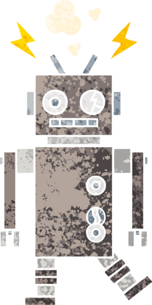 Bir insan tarafından çizilmiş arızalı bir robotun retro çizim tarzı karikatürü