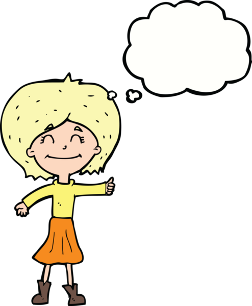 çizgi film mutlu kız bir insan tarafından çizilmiş düşünce baloncuğu ile başparmak işareti veren