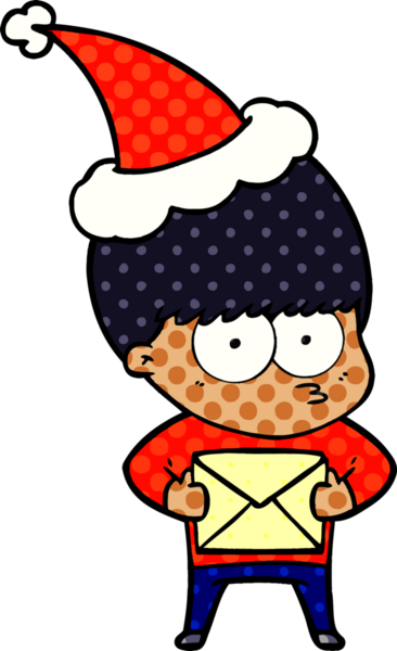 Bir insan tarafından çizilmiş Noel Baba şapkası takan bir çocuğun çizdiği çizgi roman çizimi.