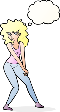 Bir insan tarafından çizilmiş düşünce balonuyla poz veren karikatür kadın.