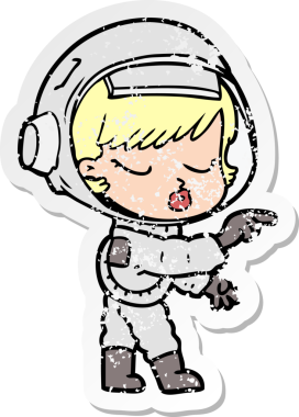 Çizgi film çıkartması. Güzel astronot kız bir insan tarafından çizilmiş.