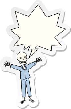 Bir insan tarafından çizilmiş konuşma kabarcığı çıkartmalı pijama giyen bir iskelet.