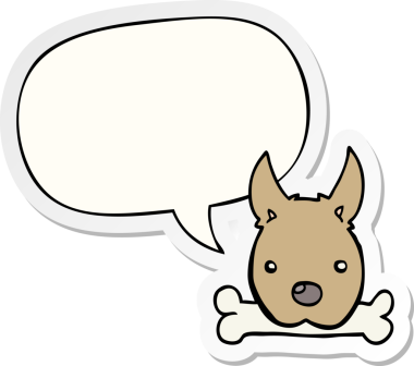 Bir insan tarafından çizilmiş, konuşma balonu çıkartmalı bir kemik ile çizgi film köpeği.