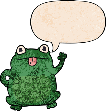 bir insan tarafından çizilmiş eski moda konuşma baloncuğu olan çizgi film kurbağası.
