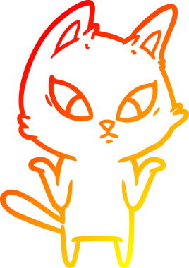 Kafası karışmış çizgi film kedisinin sıcak çizgi çizimi bir insanın omuzlarını silkiyor.