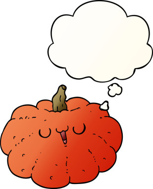 Bir insan tarafından çizilmiş, düşünce baloncuklu mutlu çizgi film balkabağı.