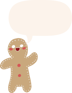 Bir insan tarafından çizilmiş eski moda konuşma balonlu zencefilli kurabiye adam.