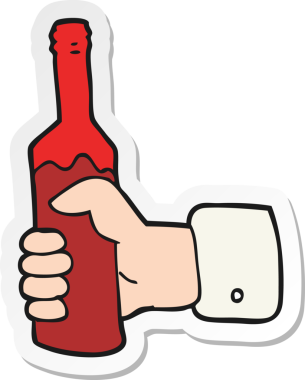 Bir insan tarafından çizilmiş bir şişe şarabı tutan bir karikatür elin çıkartması.