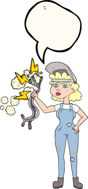 Bir insan tarafından çizilmiş serbest konuşma balonu karikatürü çizen elektrikçi kadın.