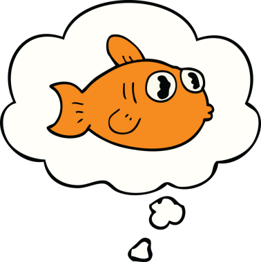 Bir insan tarafından çizilmiş düşünce baloncuklu çizgi film balığı.