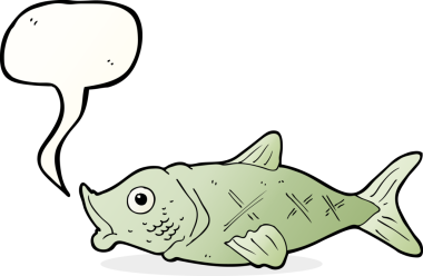 Bir insan tarafından çizilmiş konuşma balonlu çizgi film balığı.