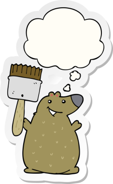 Düşünce baloncuklu boya fırçası olan çizgi film ayısı insan tarafından çizilmiş bir çıkartma gibi.