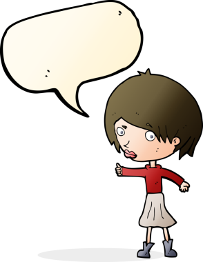 Bir insan tarafından çizilen konuşma baloncuğuyla kaşlarını kaldıran çizgi film kadını.