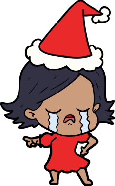 Ağlayan ve Noel Baba şapkası takan bir kızın el çizimi bir insan tarafından çizilmiş