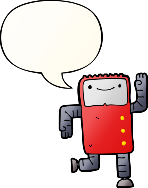 bir insan tarafından çizilmiş, konuşma baloncuklu çizgi film robotu.