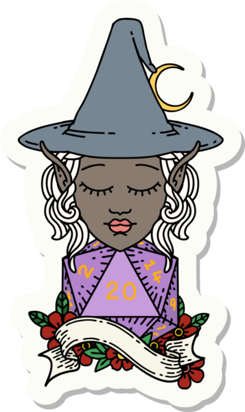 Bir insan tarafından çizilmiş doğal yirmi zarlı elf büyücü karakterinin çıkartması.