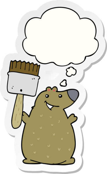 Düşünce baloncuklu boya fırçası olan çizgi film ayısı insan tarafından çizilmiş bir çıkartma gibi.