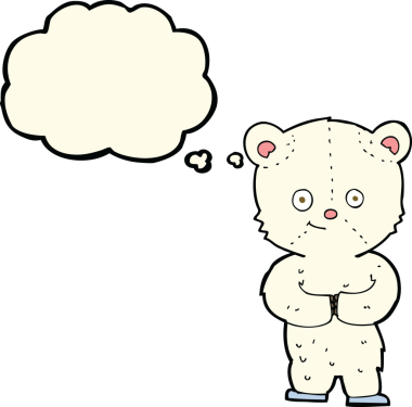 Bir insan tarafından çizilmiş düşünce baloncuklu oyuncak ayı yavrusu.