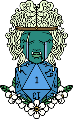 Retro Dövme Tarzı Hüzünlü Ork Barbar Karakter Yüzü Doğal bir D20 ruloyla Bir insan tarafından çizilmiş