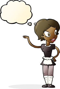 Bir insan tarafından çizilmiş düşünce balonu olan hizmetçi kostümlü bir karikatür kadın.