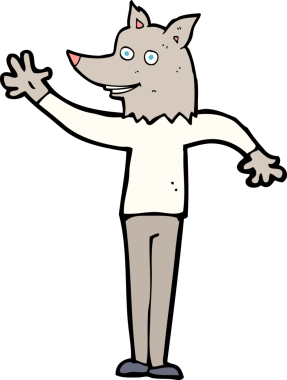 Bir insan tarafından çizilmiş, el sallayan kurt adam.