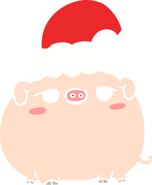 Düz renkli çizgi film domuzu Noel şapkası takan bir insan tarafından çizilmiş.